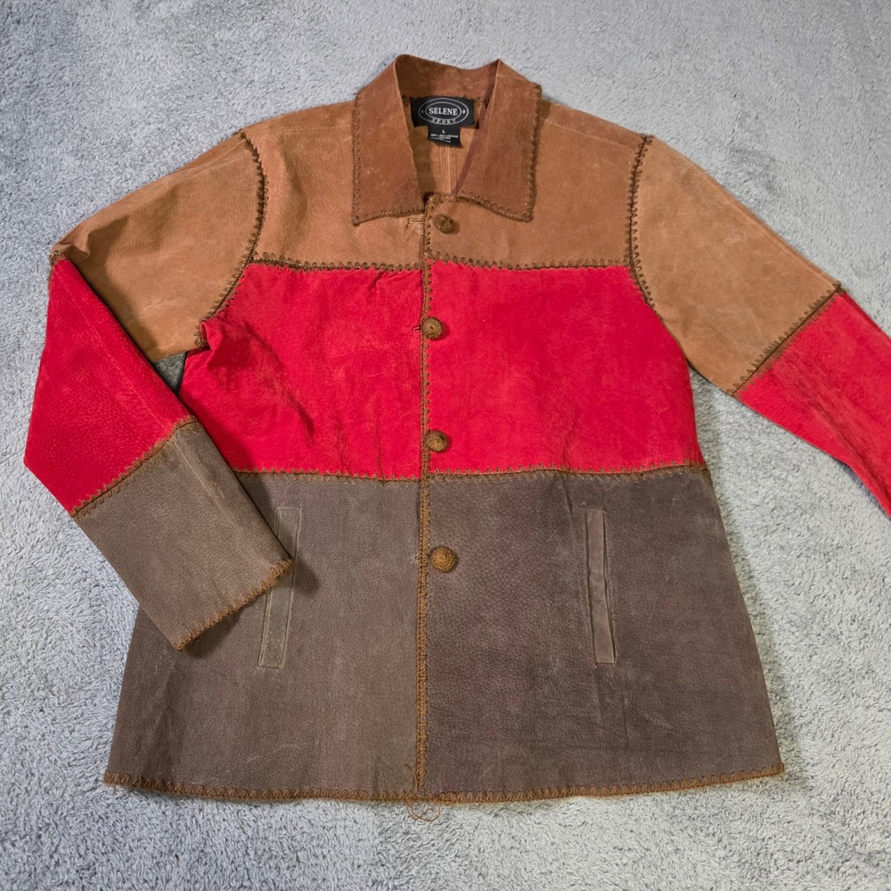 Selene Sport Womens Large Suede Leather Jacket Red Brown Colorblock Patchwork